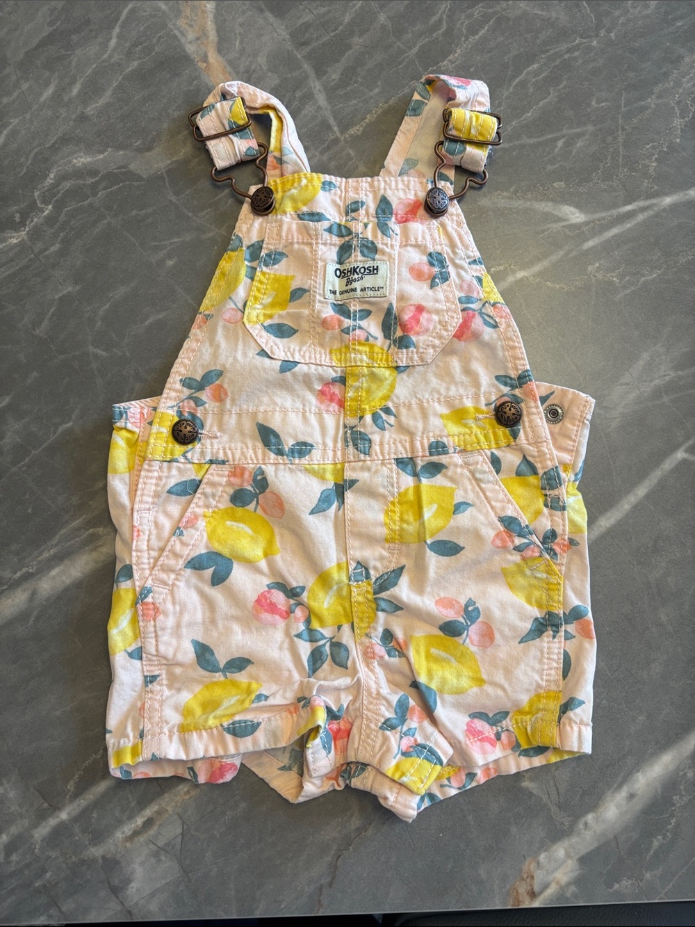 OshKosh B'gosh Cream Short Overalls with Yellow Lemon and Teal Leaf Accents